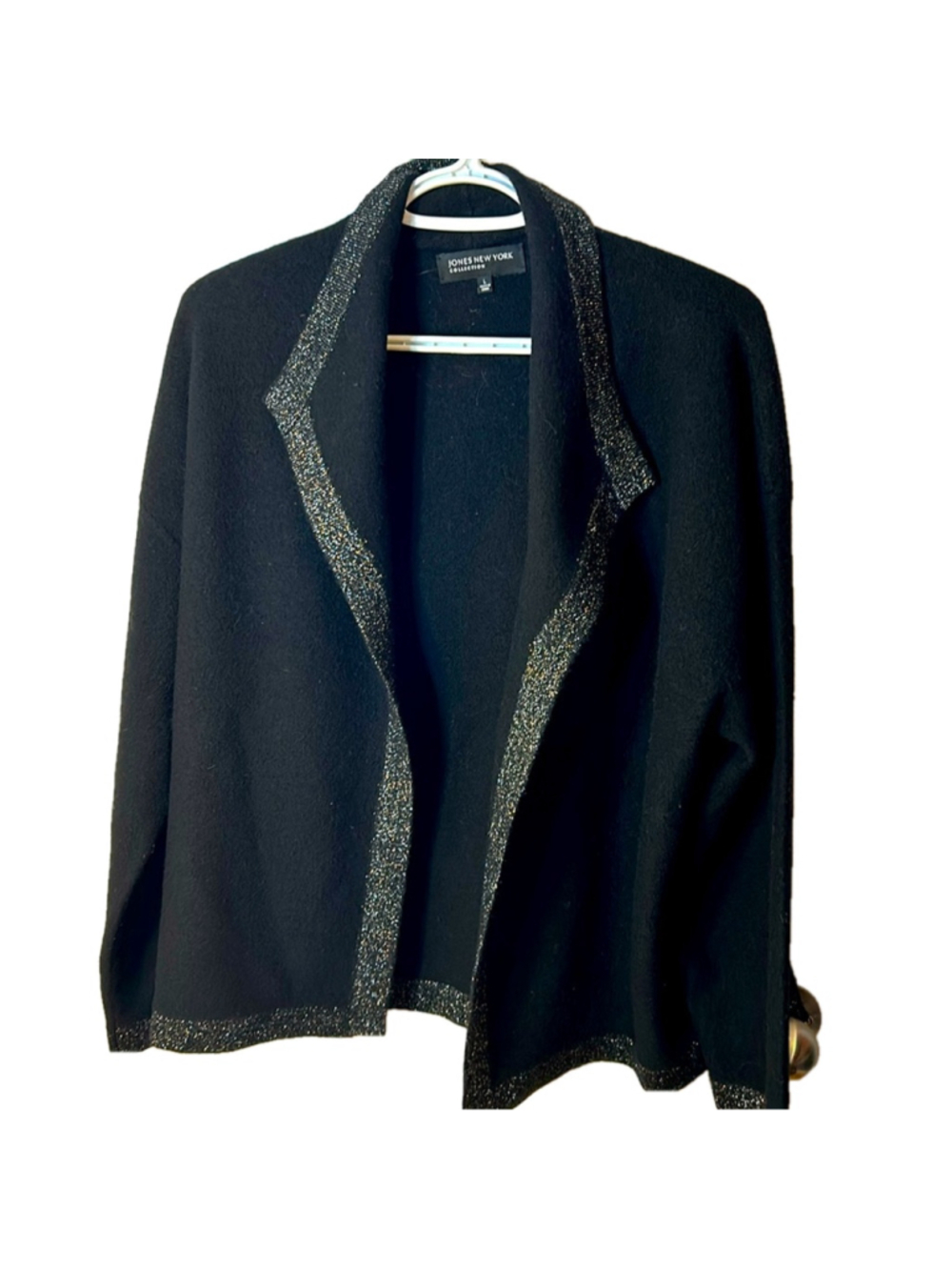 Jones New York black 100% wool silver metallic trim cardigan size L old money